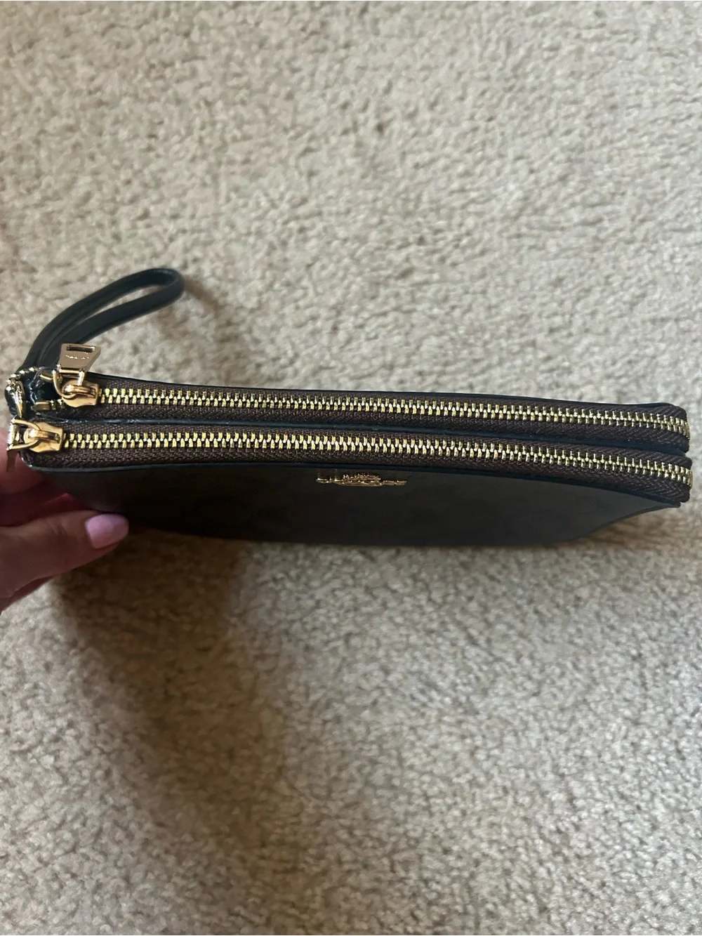 Coach Monogram Double Zip Wristlet in Brown and Black with Gold Hardware. F16109